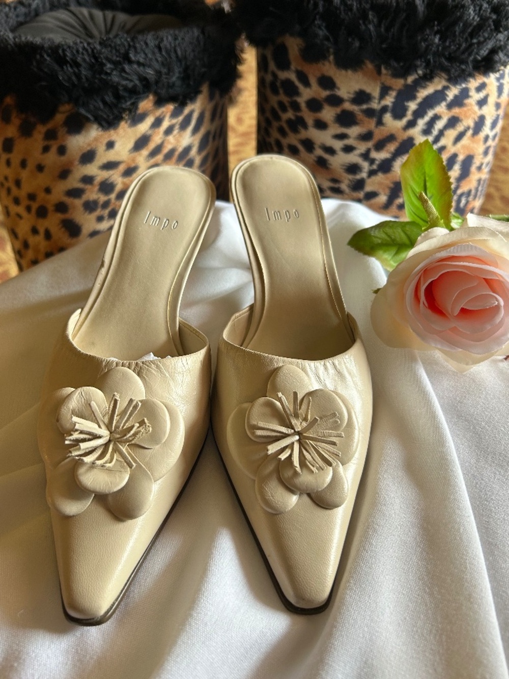 Impo 7.5 beige bareback mules. Low heel, comfortable all leather top.